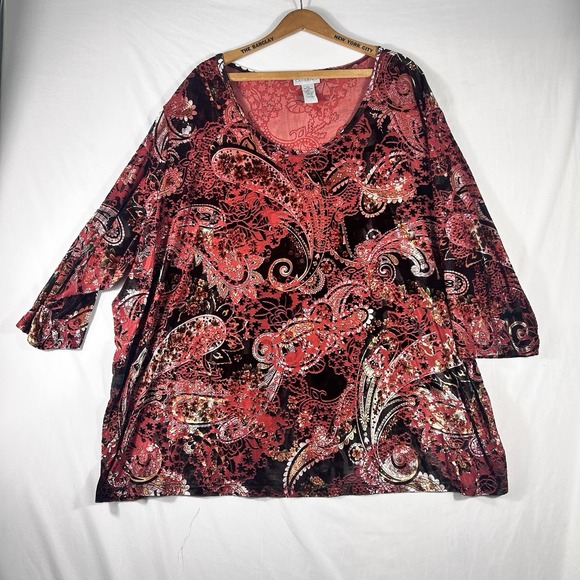 Catherines Velvet Burnout Blouse Top Pullover Black Paisley Floral Stretch SZ 4X - Picture 1 of 7